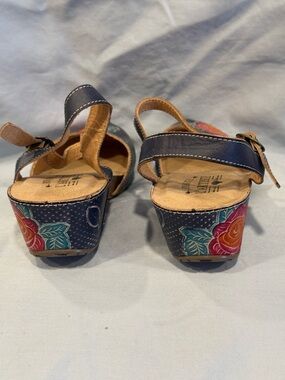 Navy Floral Accent Leather Wedge Sandals with Ankle Strap